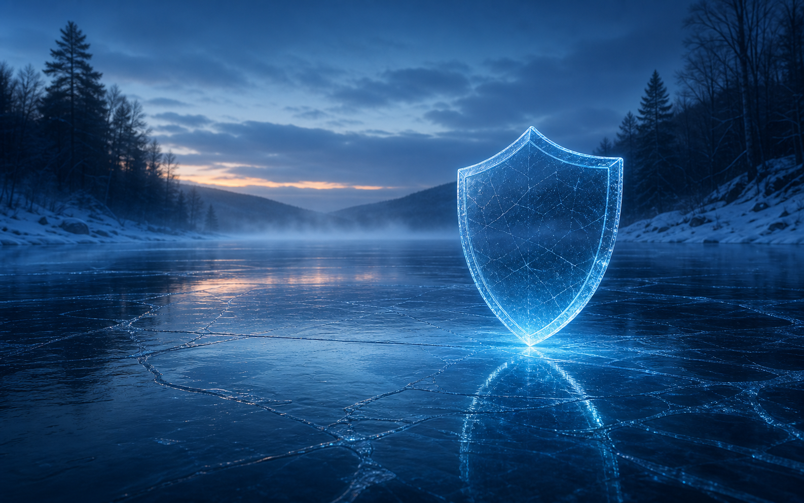 Glowing shield standing on a frozen river at twilight